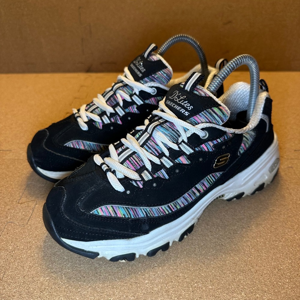Skechers D'Lites Sneakers Womens 7.5 Black Multi Color Stripe Leather 11978 BKMT - Picture 3 of 11
